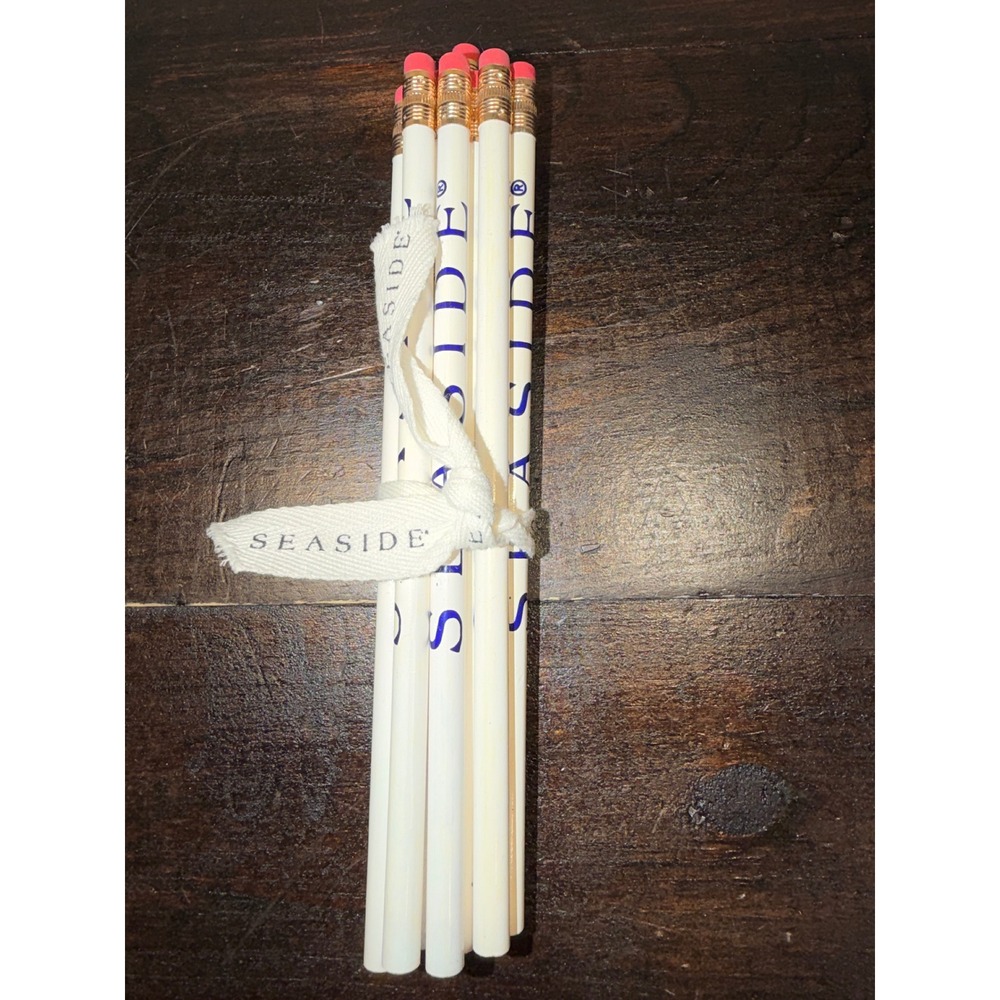 Seaside Pencils Set‎ of 10 White Blue Logo Pink Eraser Gold Ferrule